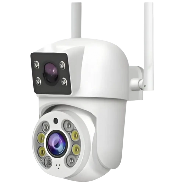 Caméra de sécurité extérieure blanche avec double objectif et vision nocturne infrarouge.