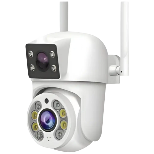 Caméra de sécurité extérieure blanche avec zoom panoramique, vision nocturne et double antenne.