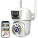 Caméra de sécurité extérieure blanche 8MP à double objectif avec connectivité WiFi et compatibilité avec l’application Tuya Smart/Smart Life, dotée d’un zoom 5X et d’un double écran.