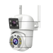 Caméra de sécurité extérieure blanche avec deux antennes, deux objectifs, des LED IR/blanches et un haut-parleur.