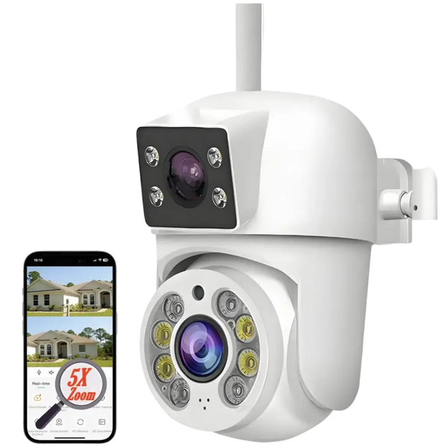 Caméra de sécurité extérieure blanche 6MP 1,5K+1,5K HD WiFi à double objectif avec zoom 5X et compatibilité avec les applications.