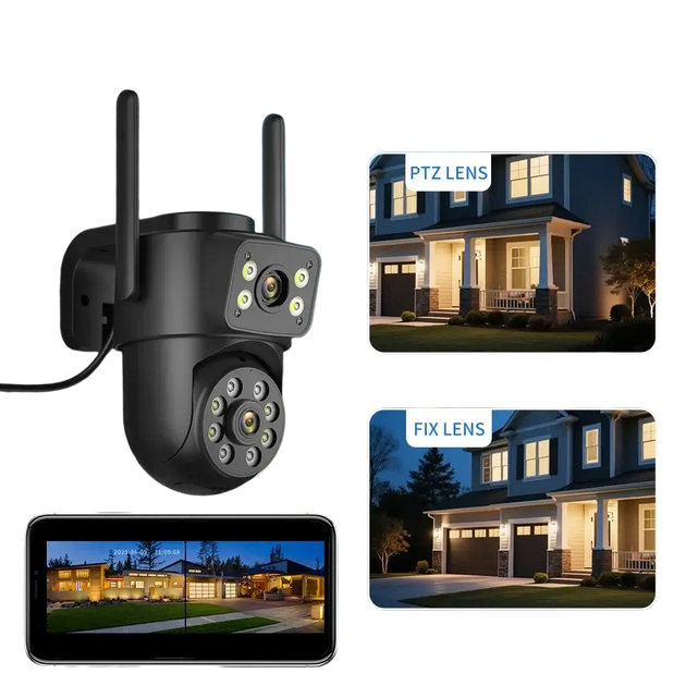 Détails de la caméra Wifi extérieure 4K avec double écran, parfaite pour la détection humaine.