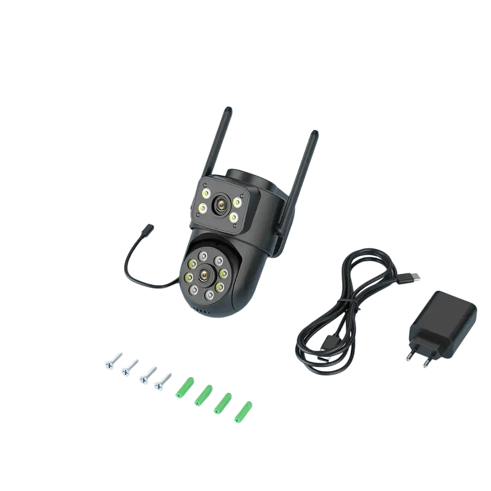 Accessoires de la caméra Wifi extérieure 4K, démontrant sa capacité d'auto-tracking et liées à l'application ICSee.