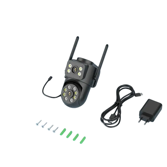 Accessoires de la caméra Wifi extérieure 4K, démontrant sa capacité d'auto-tracking et liées à l'application ICSee.