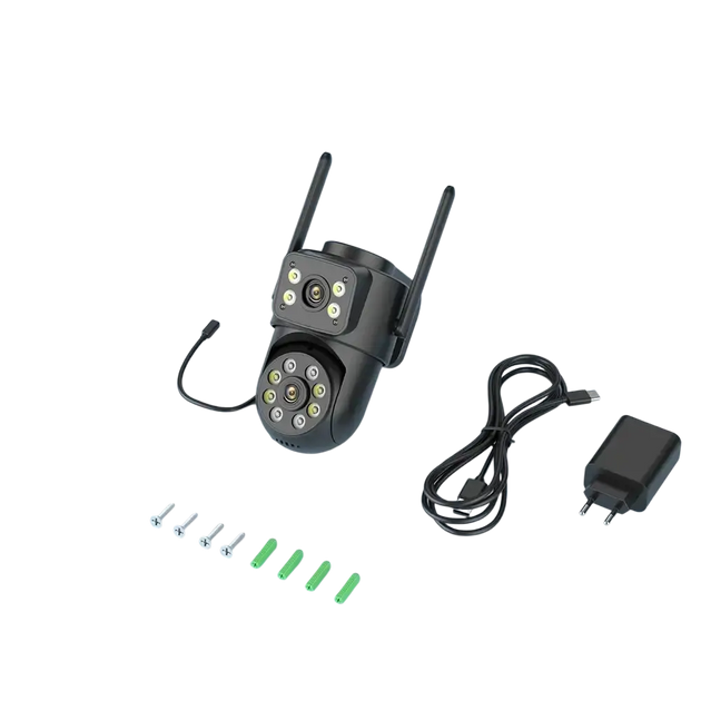 Accessoires de la caméra Wifi extérieure 4K, démontrant sa capacité d'auto-tracking et liées à l'application ICSee.