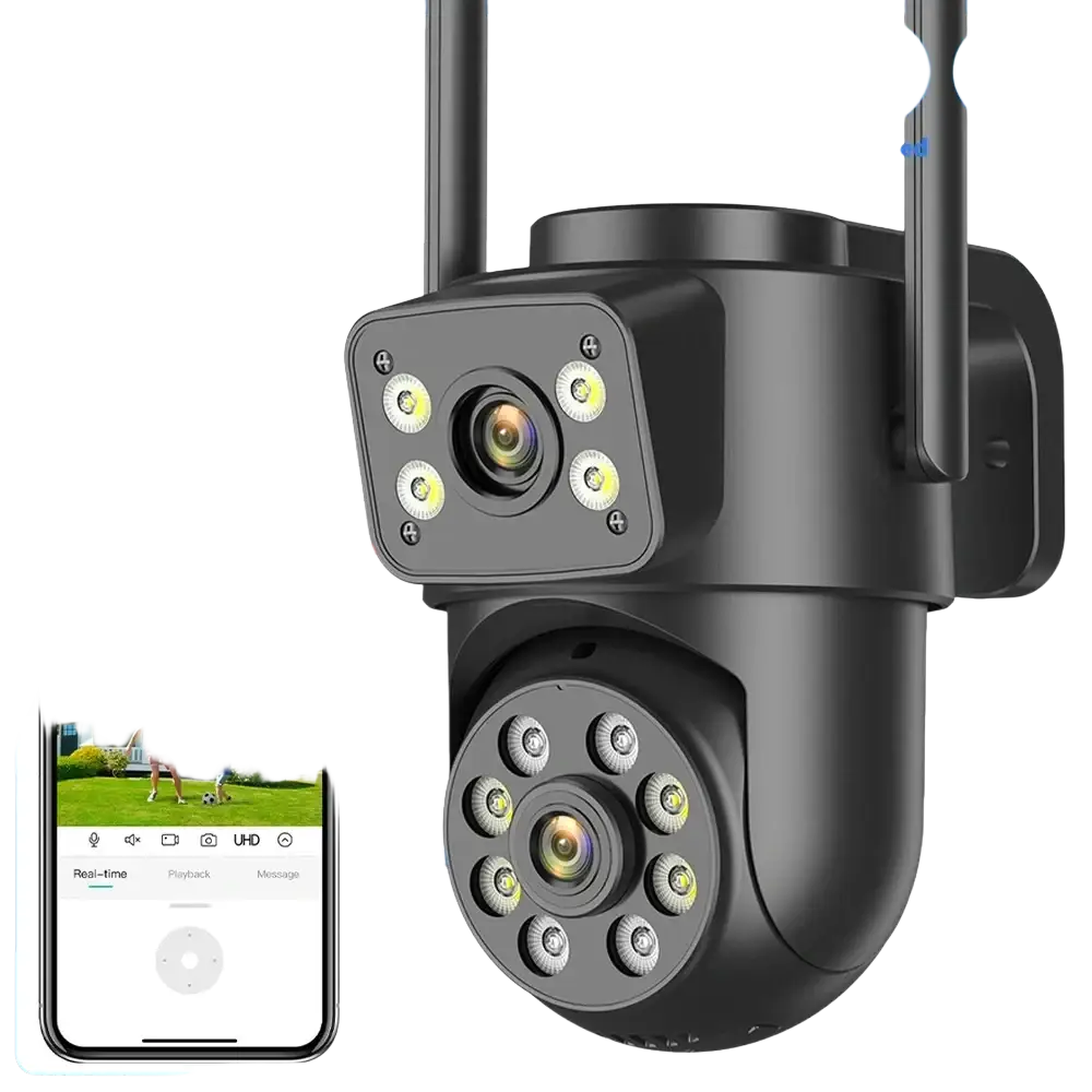 Caméra Wifi extérieure 4K d'8MP avec double objectif, idéale pour la surveillance nocturne, modèle noir.