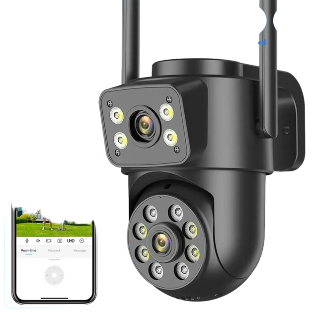 Caméra Wifi extérieure 4K d'8MP avec double objectif, idéale pour la surveillance nocturne, modèle noir.