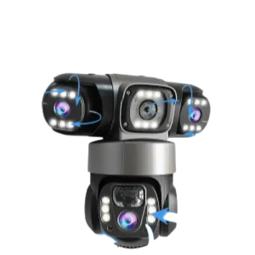 Caméra de sécurité alimentée par l’énergie solaire avec plusieurs objectifs réglables et des lumières LED intégrées.