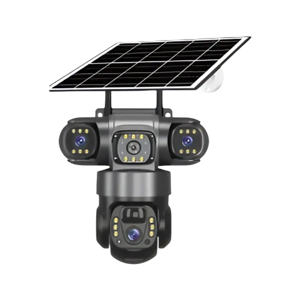 Système de caméras de sécurité à énergie solaire avec objectifs multiples et projecteurs intégrés.