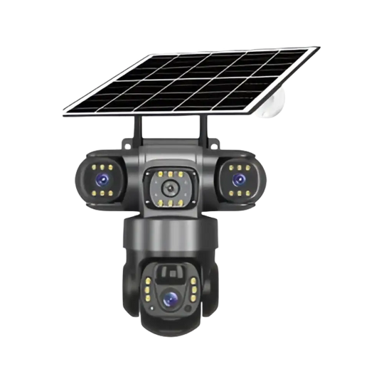 Système de caméras de sécurité à énergie solaire avec objectifs multiples et projecteurs intégrés.