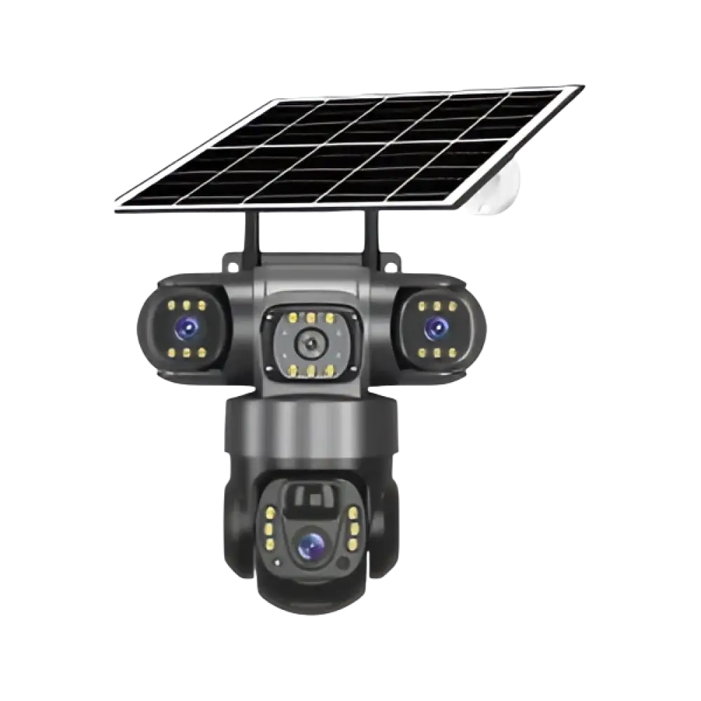 Caméra de sécurité à énergie solaire avec objectifs multiples et projecteurs intégrés.
