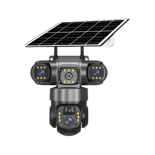 Caméra de sécurité à énergie solaire avec objectifs multiples et projecteurs intégrés.