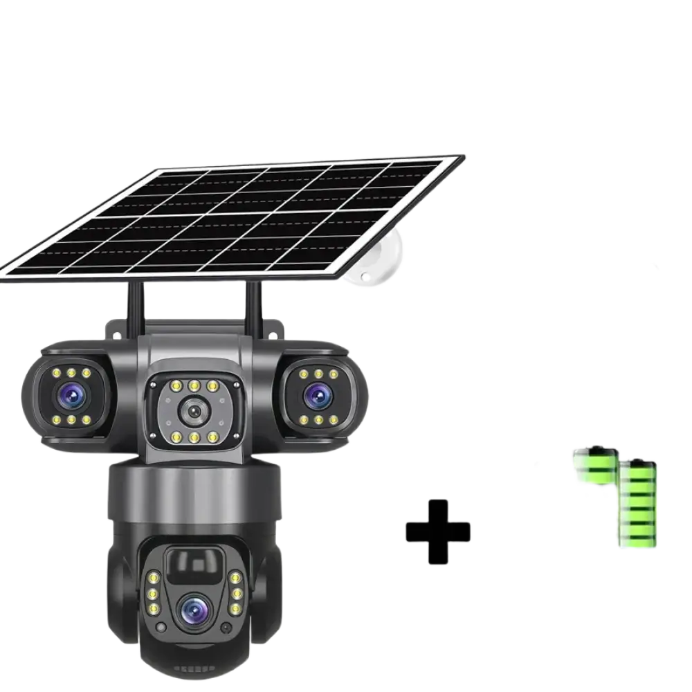 Une caméra de sécurité alimentée par l’énergie solaire, dotée de plusieurs objectifs, d’une carte mémoire de 128 Go et de batteries intégrées.
