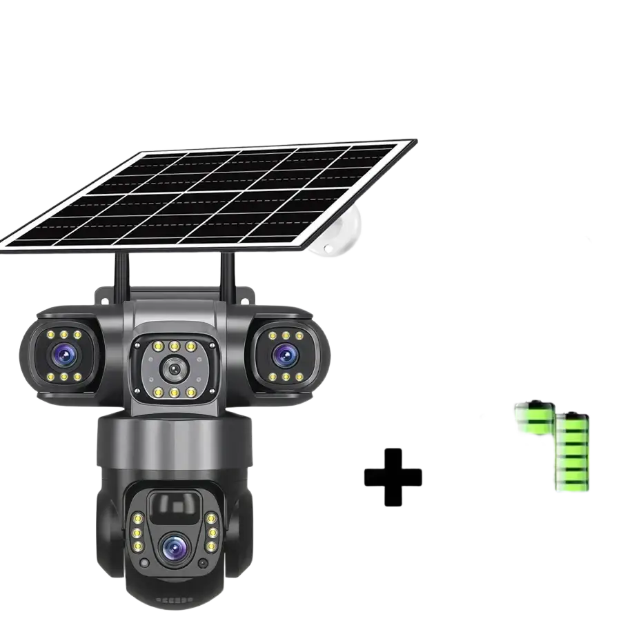 Une caméra de sécurité alimentée par l’énergie solaire, dotée de plusieurs objectifs, d’une carte mémoire de 128 Go et de batteries intégrées.