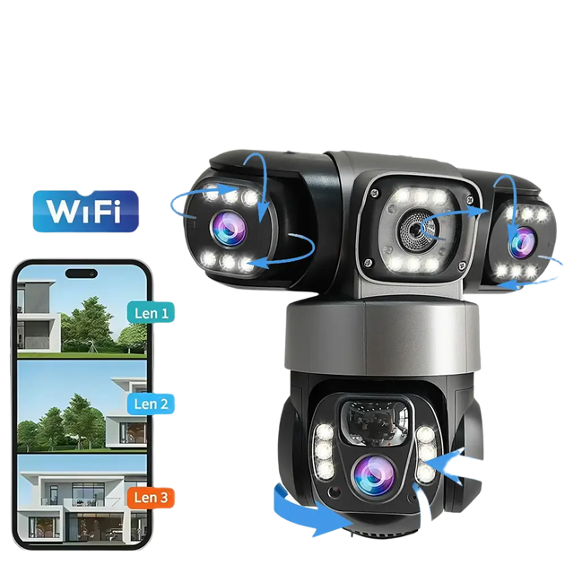 Caméra de sécurité extérieure à triple objectif alimentée par l’énergie solaire avec WiFi, audio bidirectionnel, détection de mouvement, PTZ et fonctions d’étanchéité.