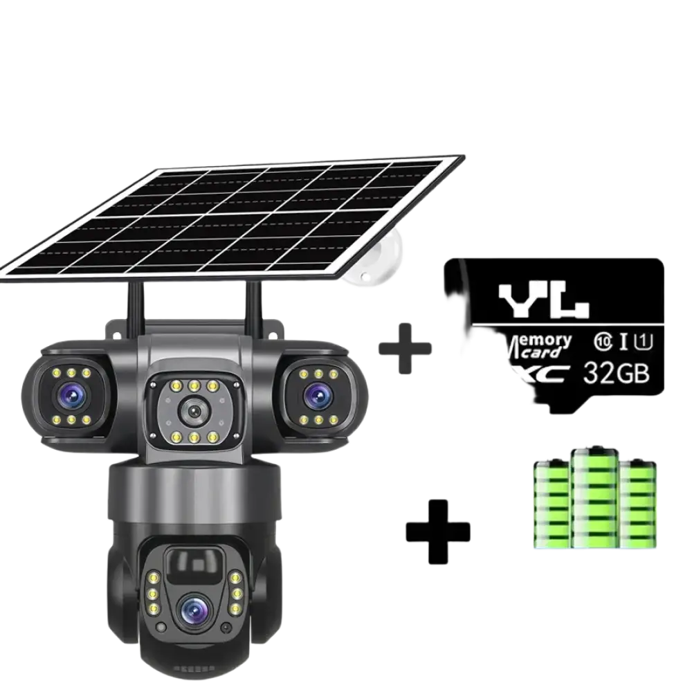 Un système de caméras de sécurité extérieures alimentées par l’énergie solaire, avec plusieurs objectifs, une connectivité Wi-Fi, une carte mémoire de 32 Go et des batteries intégrées.