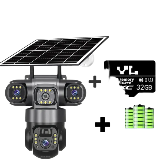 Un système de caméras de sécurité extérieures alimentées par l’énergie solaire, avec plusieurs objectifs, une connectivité Wi-Fi, une carte mémoire de 32 Go et des batteries intégrées.