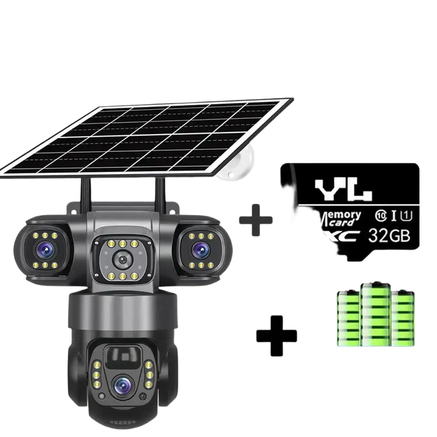 Un système de caméras de sécurité extérieures alimentées par l’énergie solaire, avec plusieurs objectifs, une connectivité Wi-Fi, une carte mémoire de 32 Go et des batteries intégrées.