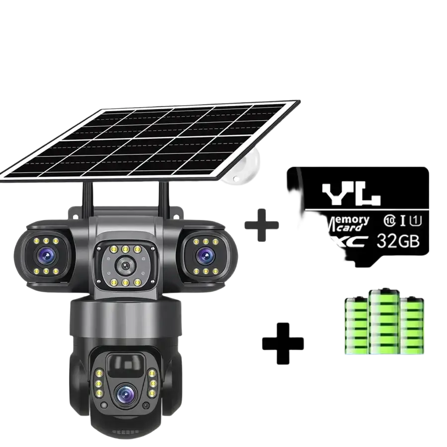 Un système de caméras de sécurité extérieures alimentées par l’énergie solaire, avec plusieurs objectifs, une connectivité Wi-Fi, une carte mémoire de 32 Go et des batteries intégrées.