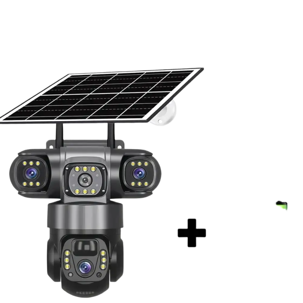 Caméra de sécurité extérieure alimentée par l’énergie solaire, dotée de plusieurs objectifs et d’une batterie intégrée.