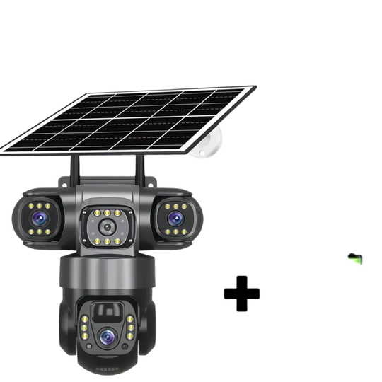Caméra de sécurité extérieure alimentée par l’énergie solaire, dotée de plusieurs objectifs et d’une batterie intégrée.