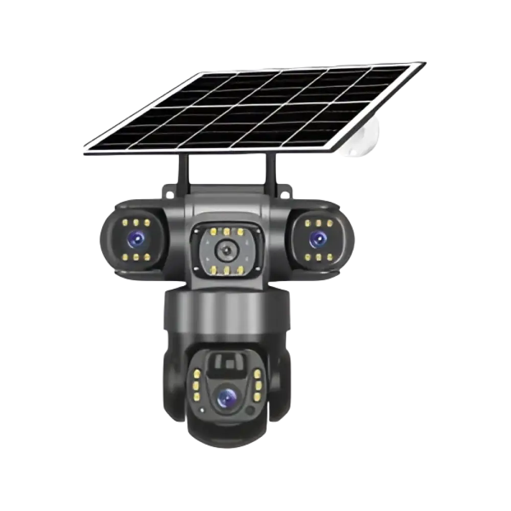 Caméra de sécurité à énergie solaire avec plusieurs objectifs réglables.