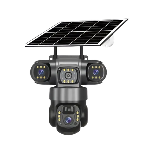 Caméra de sécurité à énergie solaire avec plusieurs objectifs réglables.