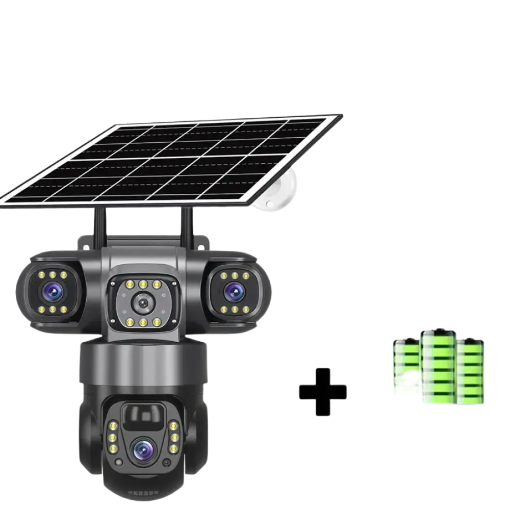 Caméra de sécurité extérieure alimentée par l’énergie solaire, dotée de plusieurs objectifs et d’une carte mémoire.