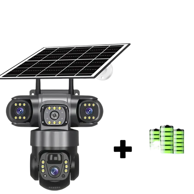 Caméra de sécurité extérieure alimentée par l’énergie solaire, dotée de plusieurs objectifs et d’une carte mémoire.