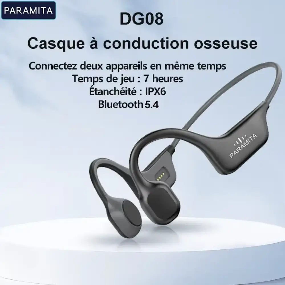 Casque à conduction osseuse bluetooth paramita dg08 noir ergonomique avec puce bluetooth et finition mate sport étanche