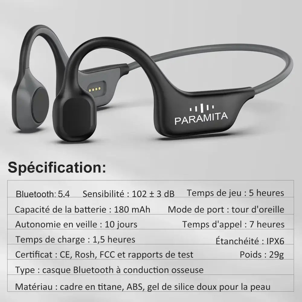 Casque à conduction osseuse bluetooth paramita dg08 noir avec cadre titane, plastique abs et gel silicone confort peau