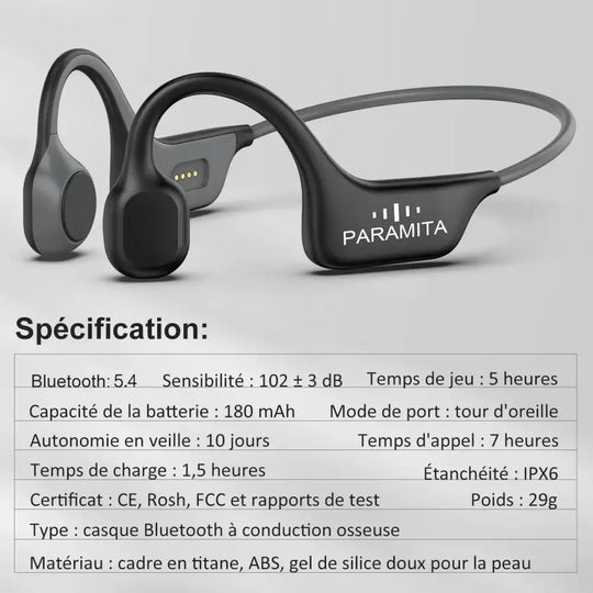Casque à conduction osseuse bluetooth paramita dg08 noir avec cadre titane, plastique abs et gel silicone confort peau