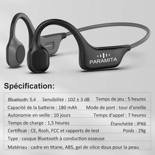 Casque à conduction osseuse bluetooth paramita dg08 noir avec cadre titane, plastique abs et gel silicone confort peau