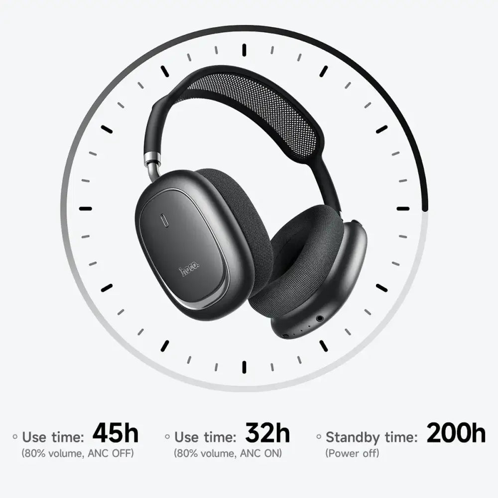 Casque bluetooth hoco w68 noir over-ear avec réduction de bruit anc et finitions mates en mesh sur les écouteurs