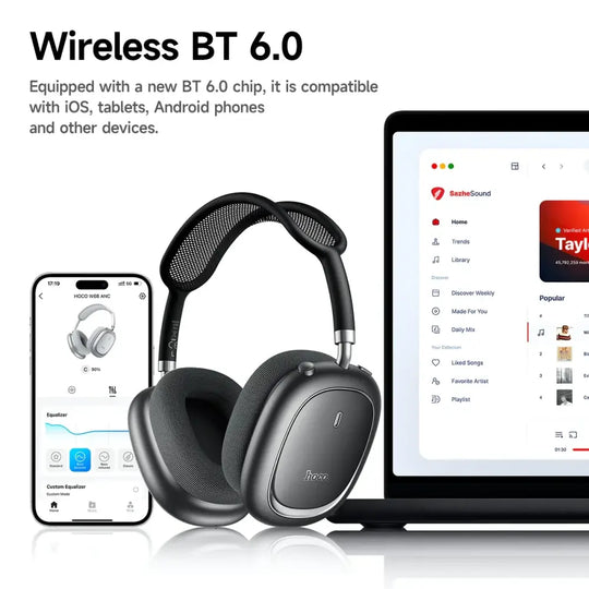 Casque bluetooth hoco w68 noir over-ear avec réduction de bruit anc et bandeau en mesh mat