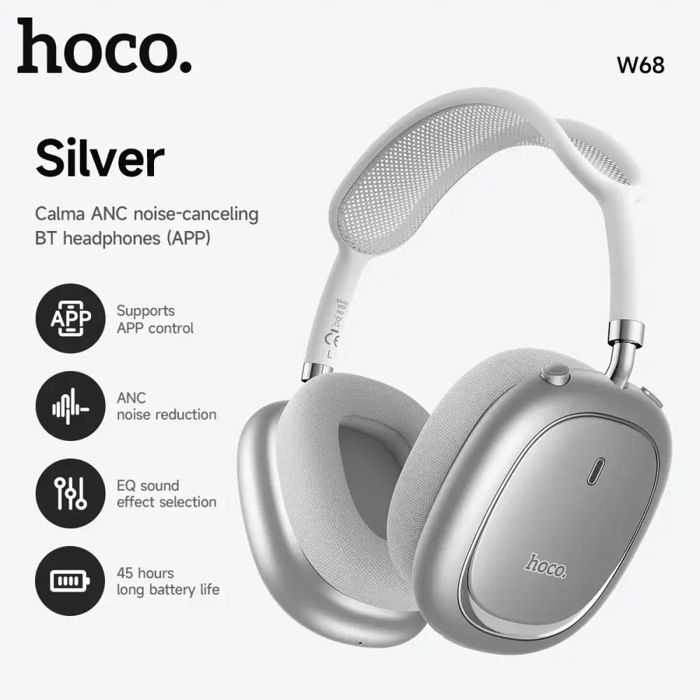 Casque bluetooth hoco w68 type over-ear avec réduction de bruit anc finition métallique argent et coussinets en tissu doux