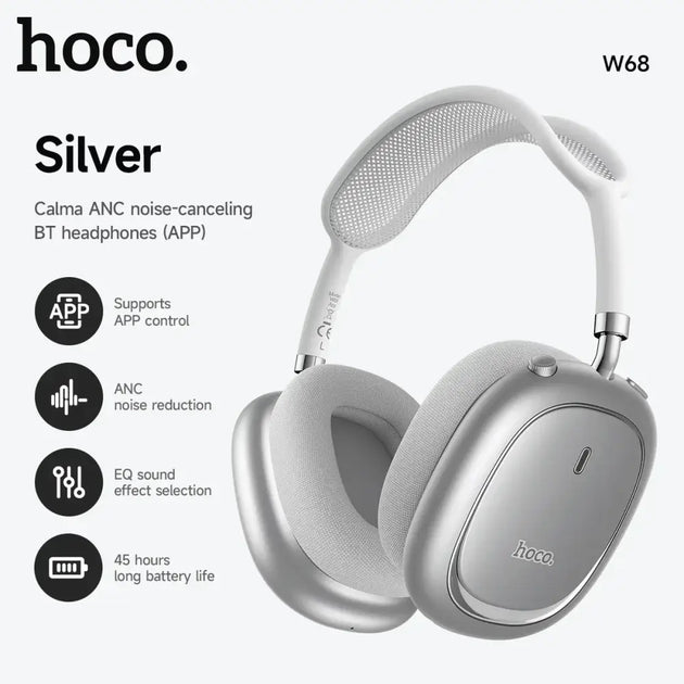 Casque bluetooth hoco w68 type over-ear avec réduction de bruit anc finition métallique argent et coussinets en tissu doux
