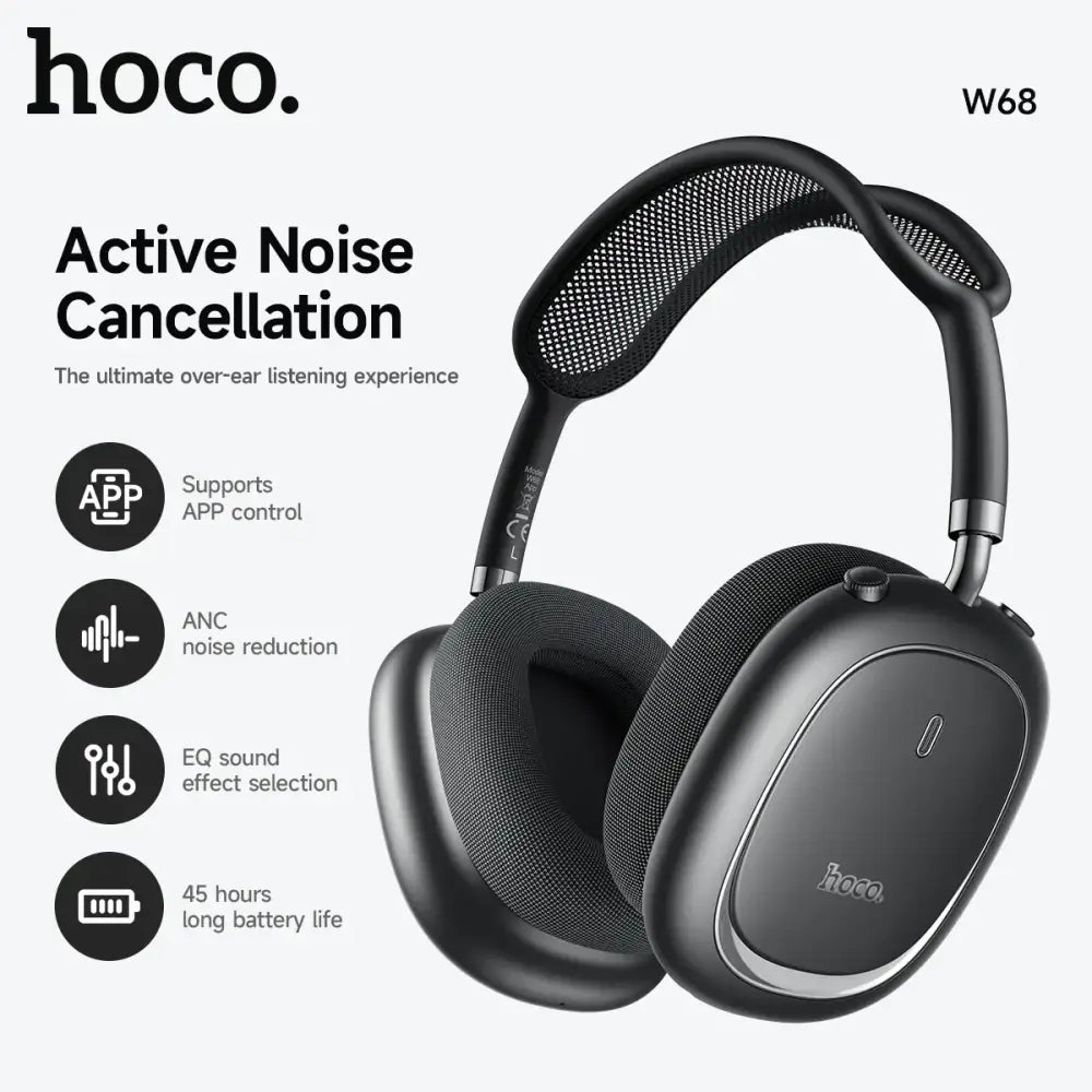 Casque bluetooth hoco w68 type over-ear noir avec réduction de bruit anc, arceau en mesh et coussinets rembourrés