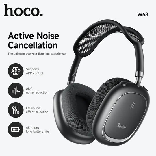 Casque bluetooth hoco w68 type over-ear noir avec réduction de bruit anc, arceau en mesh et coussinets rembourrés
