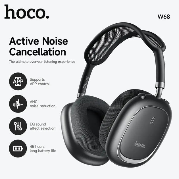 Casque bluetooth hoco w68 type over-ear noir avec réduction de bruit anc, arceau en mesh et coussinets rembourrés