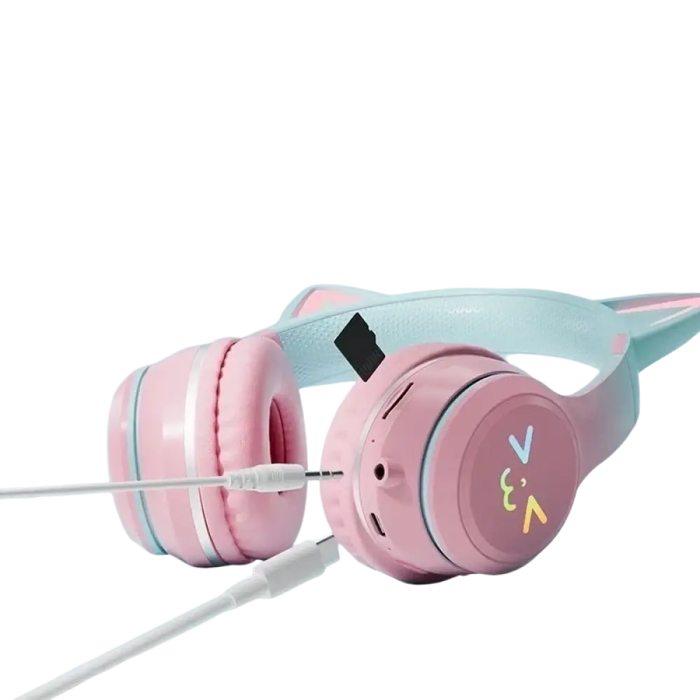 Casque bluetooth rose avec micro pour enfants et oreillettes chat équipé d’un slot carte mémoire et chargement sans fil