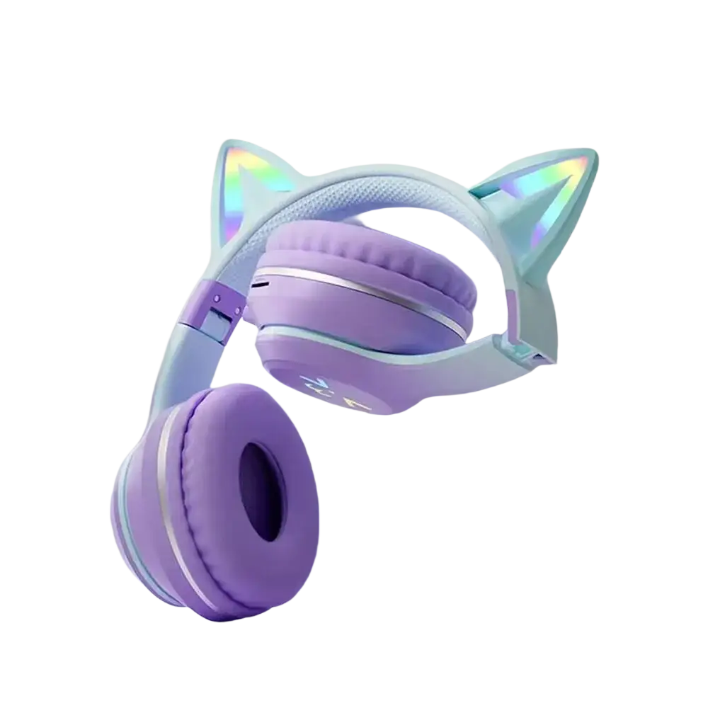 Casque bluetooth oreilles de chat violet avec micro pour enfants et oreillettes rembourrées à chargement sans fil
