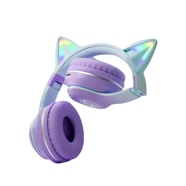 Casque bluetooth oreilles de chat violet avec micro pour enfants et oreillettes rembourrées à chargement sans fil