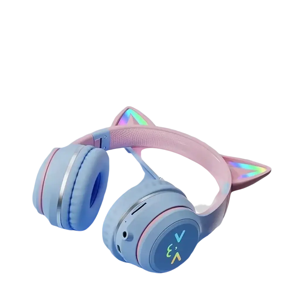 Casque bluetooth oreilles de chat rose pastel avec micro pour enfants et chargement sans fil aux accents irisés