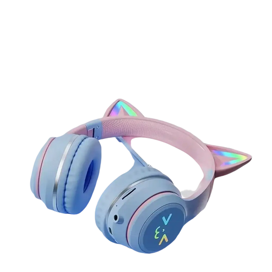 Casque bluetooth oreilles de chat rose pastel avec micro pour enfants et chargement sans fil aux accents irisés