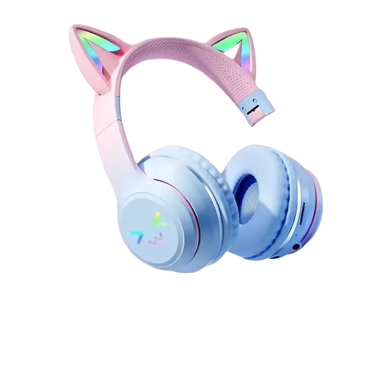 Casque bluetooth oreilles de chat rose pastel avec micro pour enfants et chargement sans fil avec lumières led arc-en-ciel