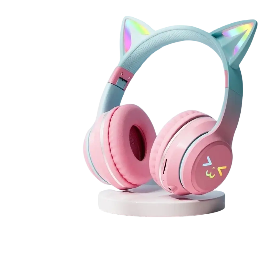 Casque bluetooth oreilles de chat rose avec micro pour enfants et chargement sans fil led arc-en-ciel hifi