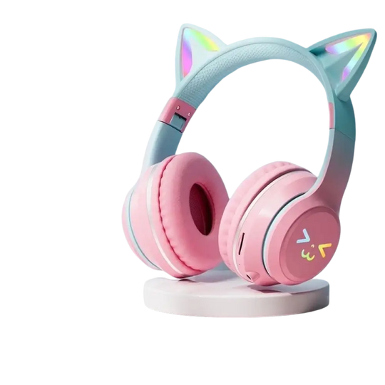 Casque bluetooth oreilles de chat rose avec micro pour enfants et chargement sans fil led arc-en-ciel hifi