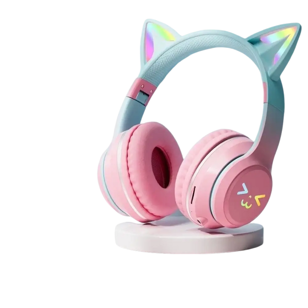 Casque bluetooth oreilles de chat rose avec micro pour enfants et chargement sans fil led arc-en-ciel hifi