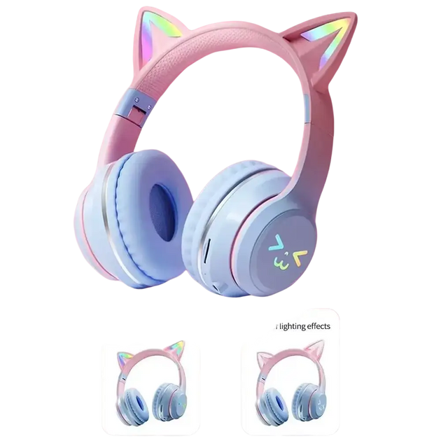 Casque bluetooth oreilles de chat rose pastel et bleu avec micro pour enfants et chargement sans fil led iridescentes
